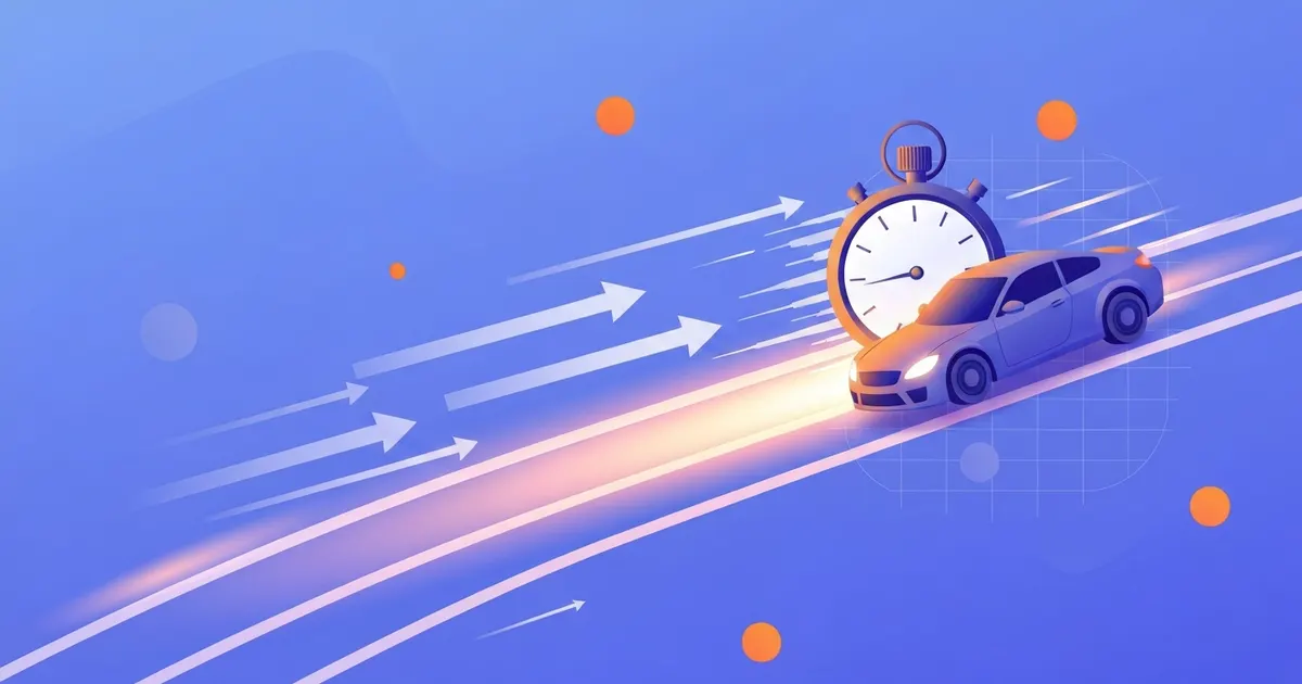 The acceleration formula illustrated with a car speeding up, velocity arrows growing longer, and a stopwatch