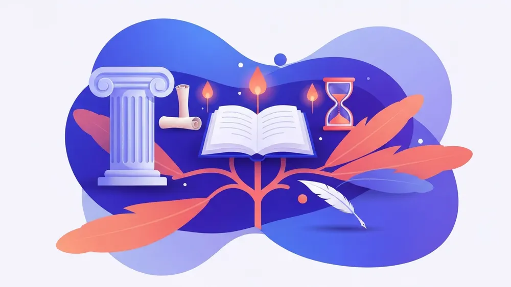 Icons representing mythology, religion, history, and literature branching from a central book