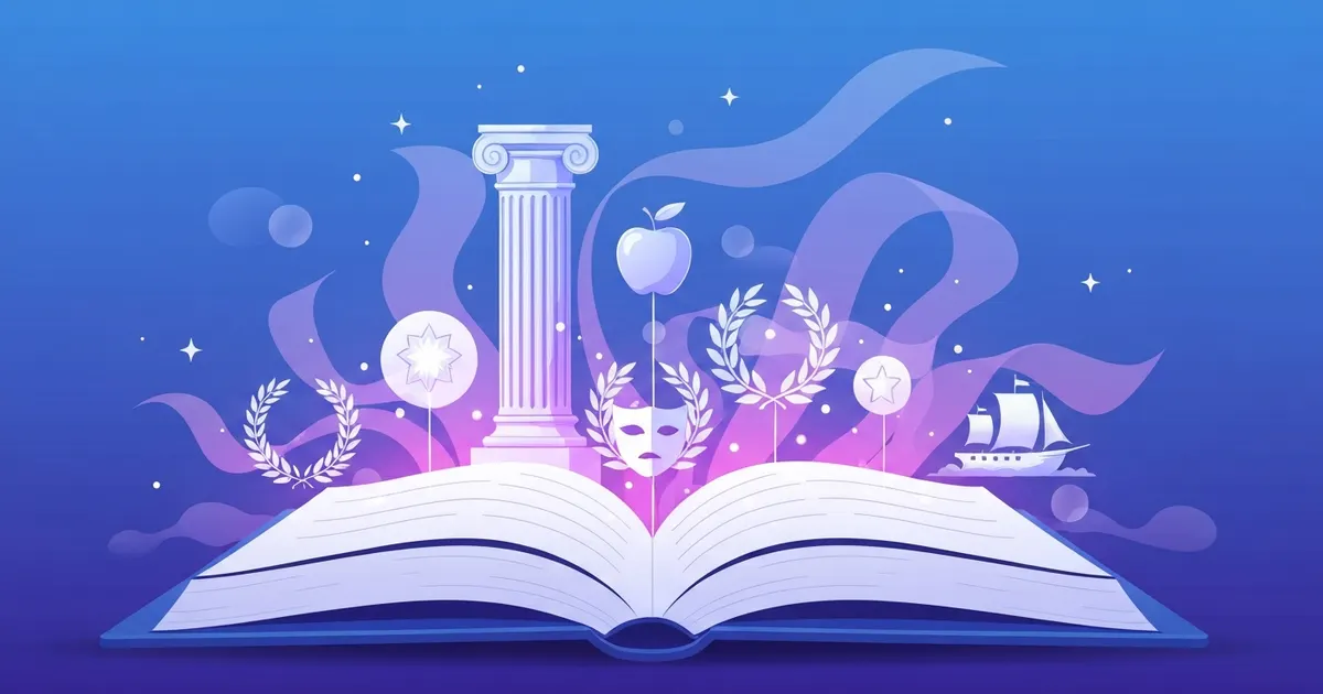 Colorful illustration of an open book with symbolic references floating above its pages
