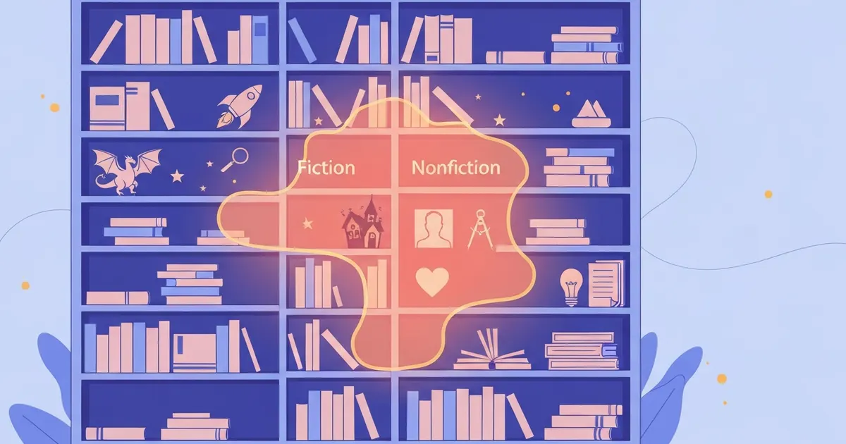 Colorful illustration of book spines sorted into fiction and nonfiction shelves with genre icons