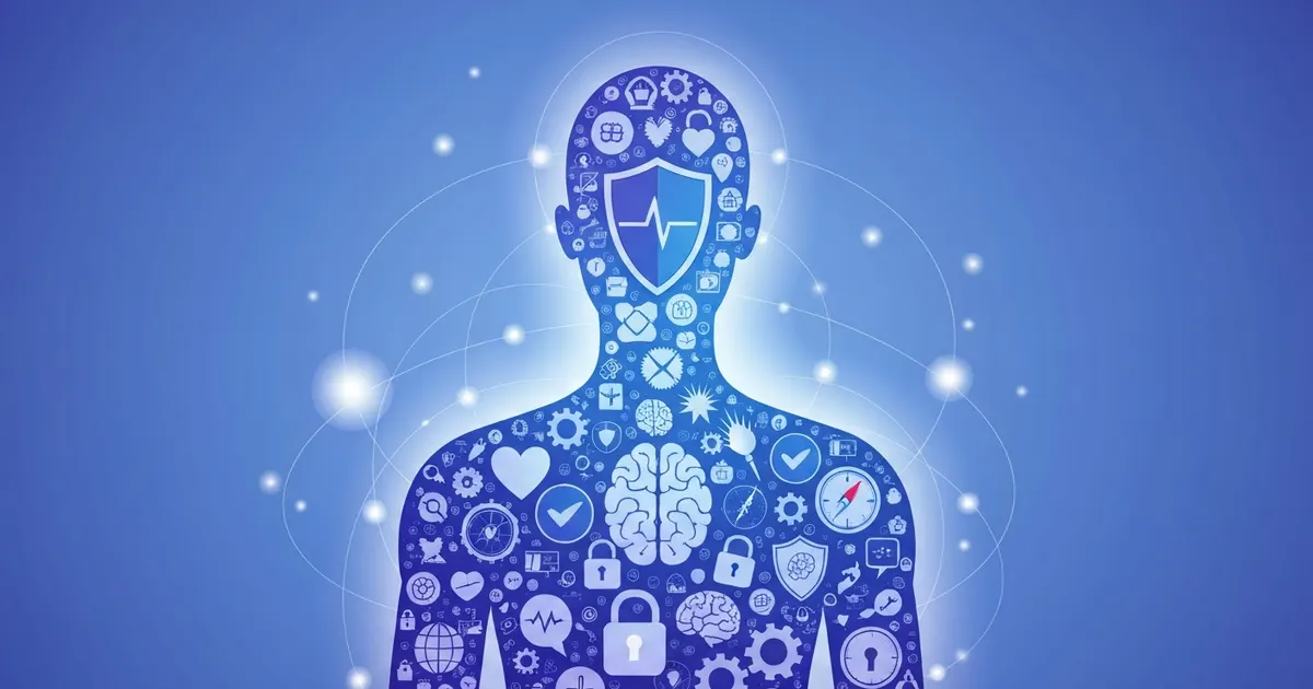 Illustration of a single figure made up of many small symbols representing different personality qualities and values