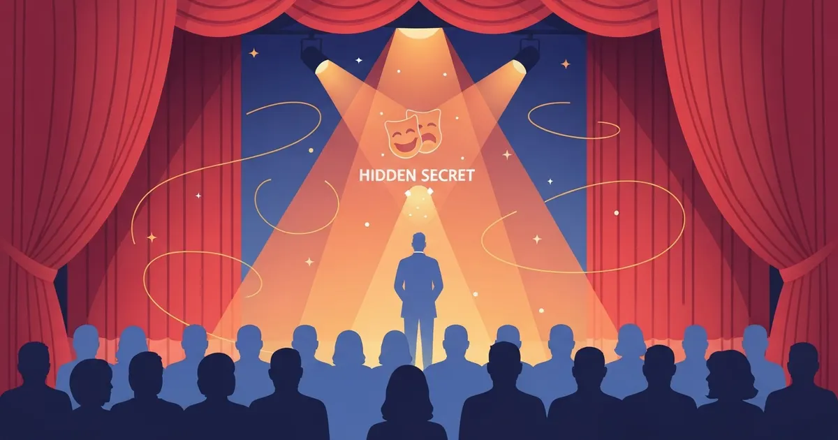 Colorful illustration of a theater stage where the audience sees a hidden truth a character cannot