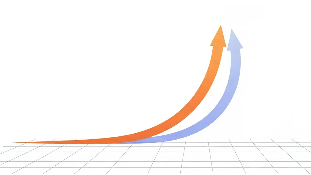 A gentle straight line and a sharply curving line rising together to contrast linear and exponential growth
