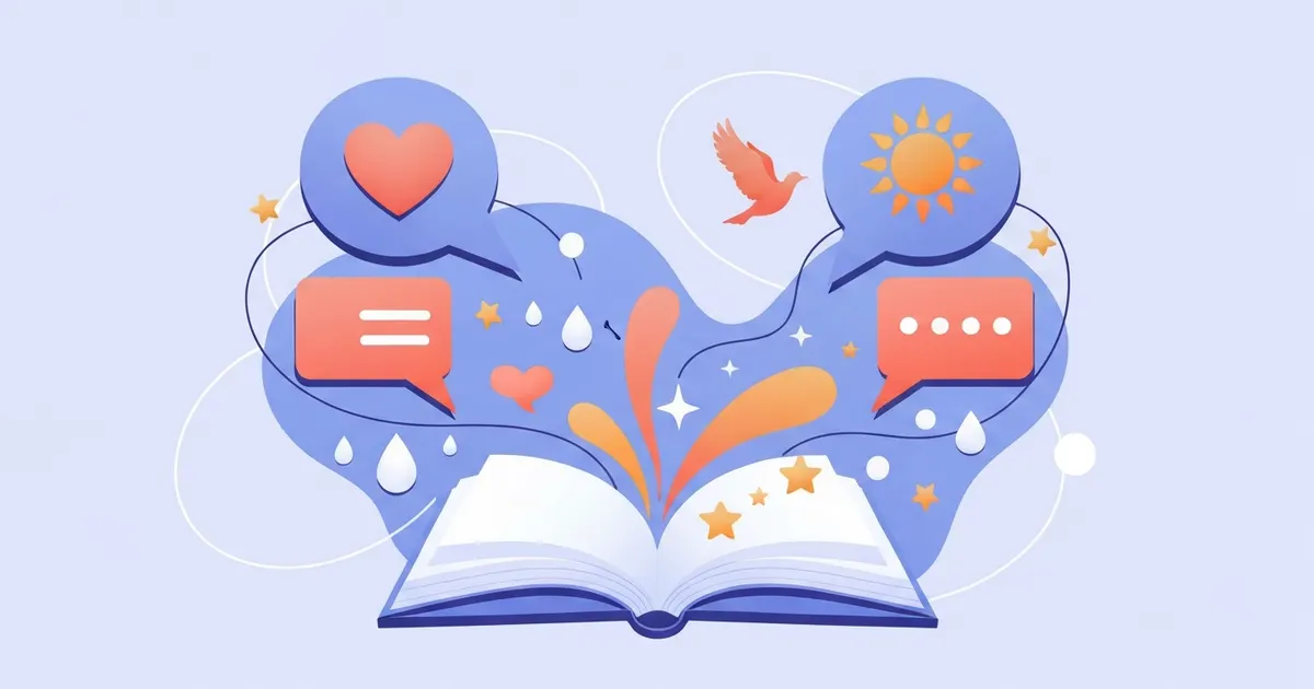 Colorful illustration of figurative language with words turning into images and symbols