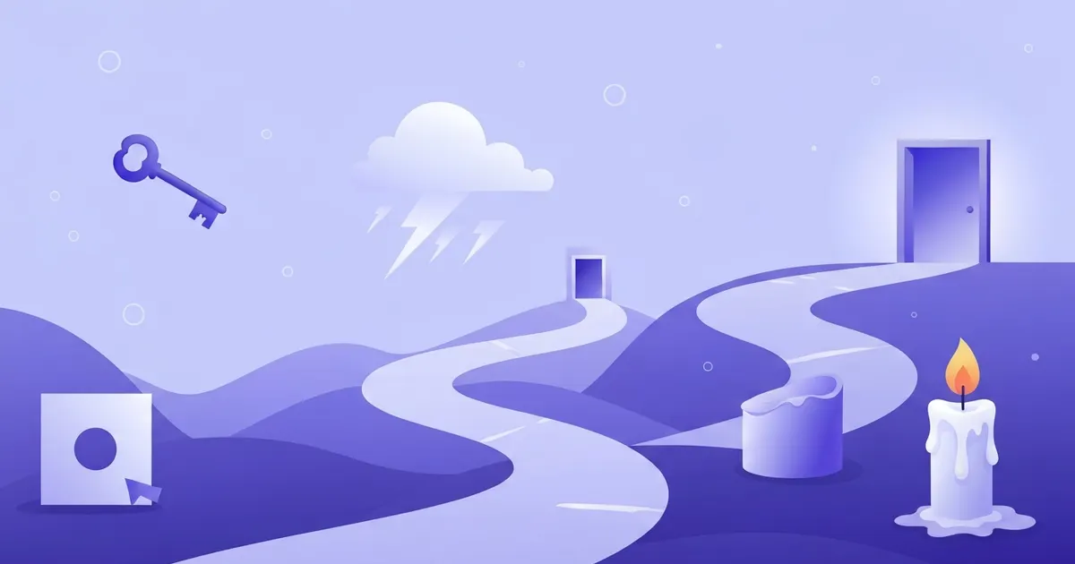 Illustration of a winding story path with subtle clues and hints leading toward a future event