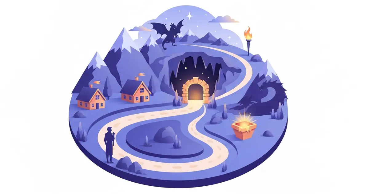 Illustration of a circular hero's journey map with a winding path through stages from an ordinary world out to an ordeal and back home