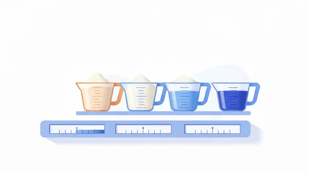 Three identical measuring cups holding flour, sugar and water at clearly different weights
