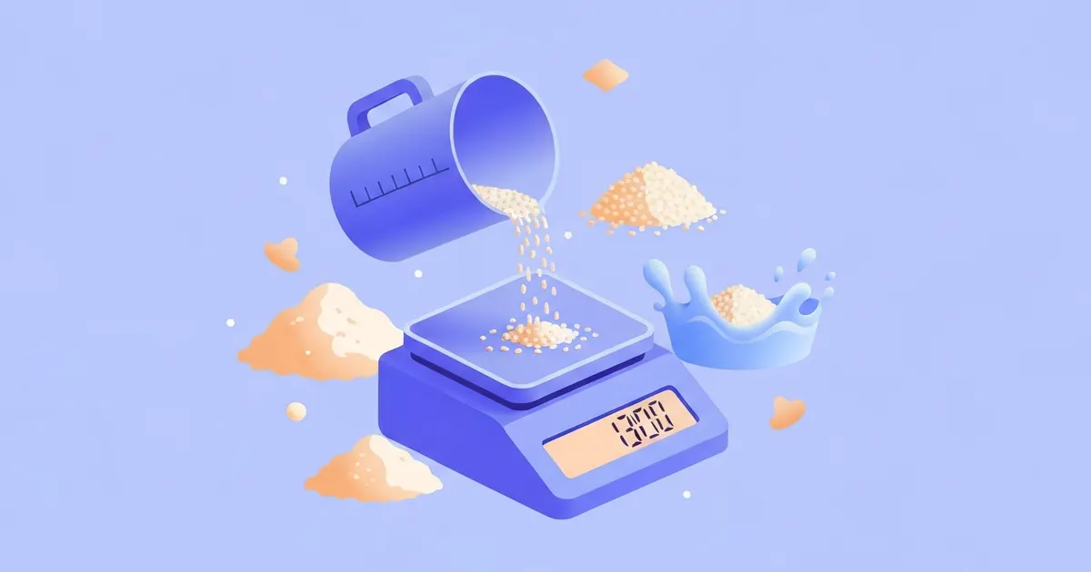 Measuring cup beside a kitchen scale showing flour, sugar and water at different weights