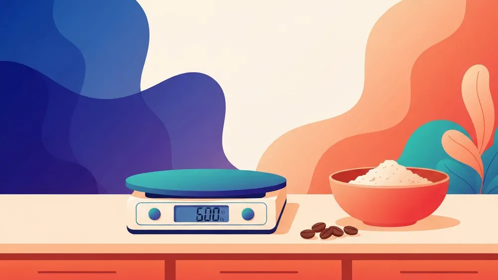 A digital kitchen scale showing grams next to a stack of ingredients measured in ounces
