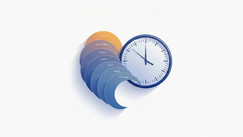 Colorful illustration of twelve months flowing through a clock dial across a full year