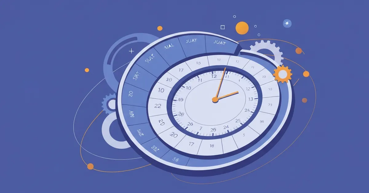 Illustration of a calendar year flowing into a clock dial showing the hours in a year