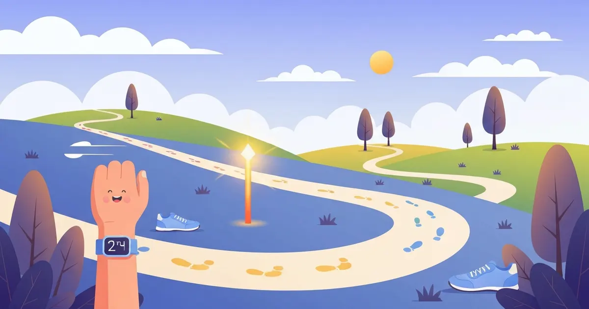 Illustration showing 10,000 steps converting into miles along a walking path