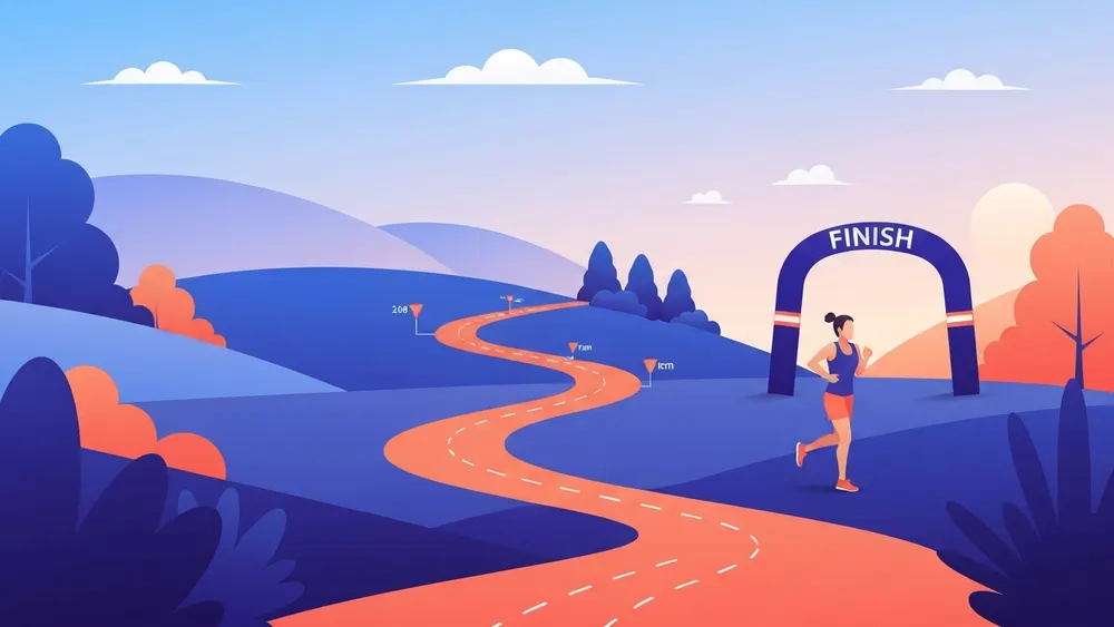 Conceptual illustration of a running route marked at the 5 kilometer and 3.1 mile point