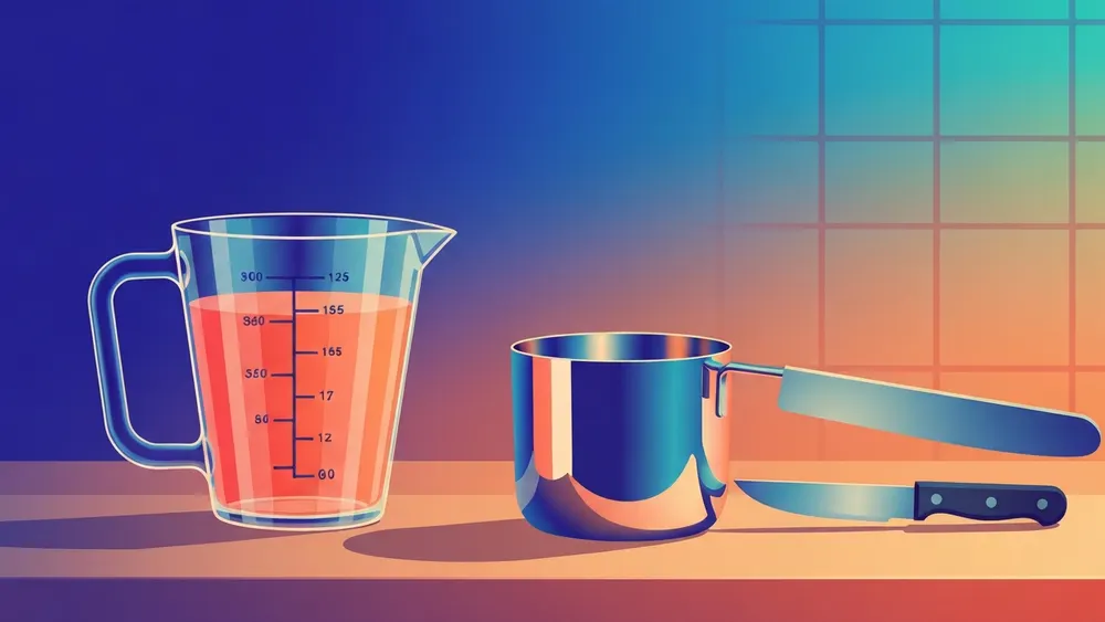 A clear glass liquid measuring cup beside a stainless steel dry measuring cup