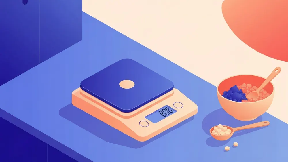 A digital kitchen scale switching between pounds and ounces beside fresh ingredients