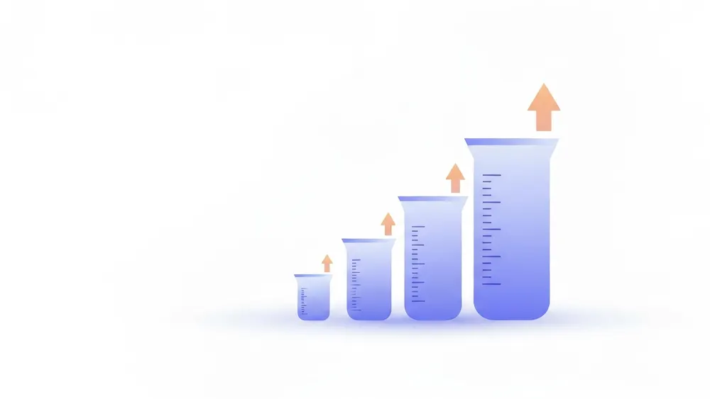Colorful stacked measuring vessels showing the doubling ladder from cup to pint to quart to gallon