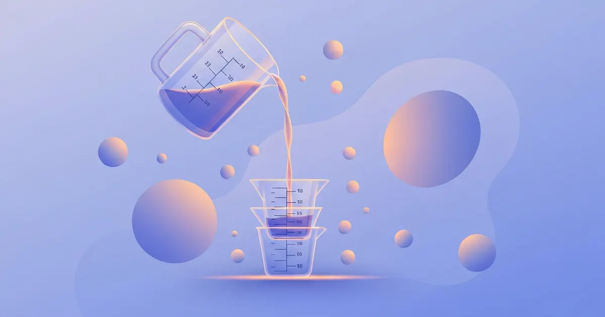 Measuring jug pouring liquid with quart and fluid ounce markings on a soft blue and violet background
