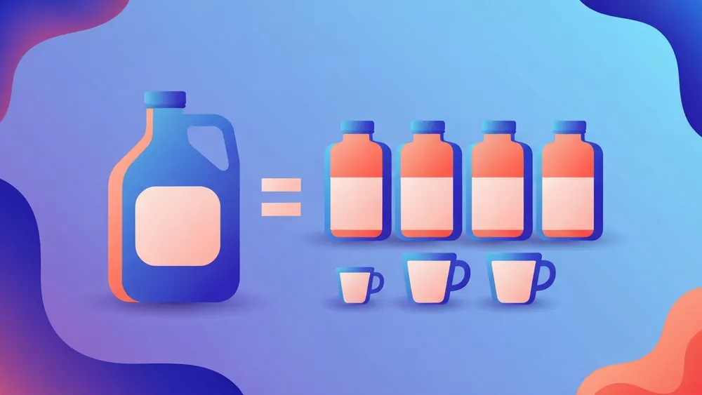 A gallon jug shown next to its equivalent of four quart containers