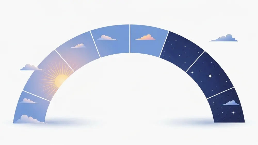 Colorful illustration of a day cycle from sunrise to night with flowing time segments