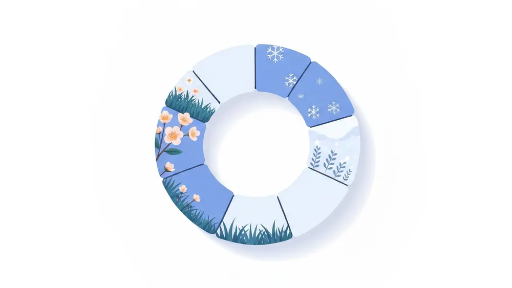 Colorful illustration of four seasons flowing around a circular calendar of time segments