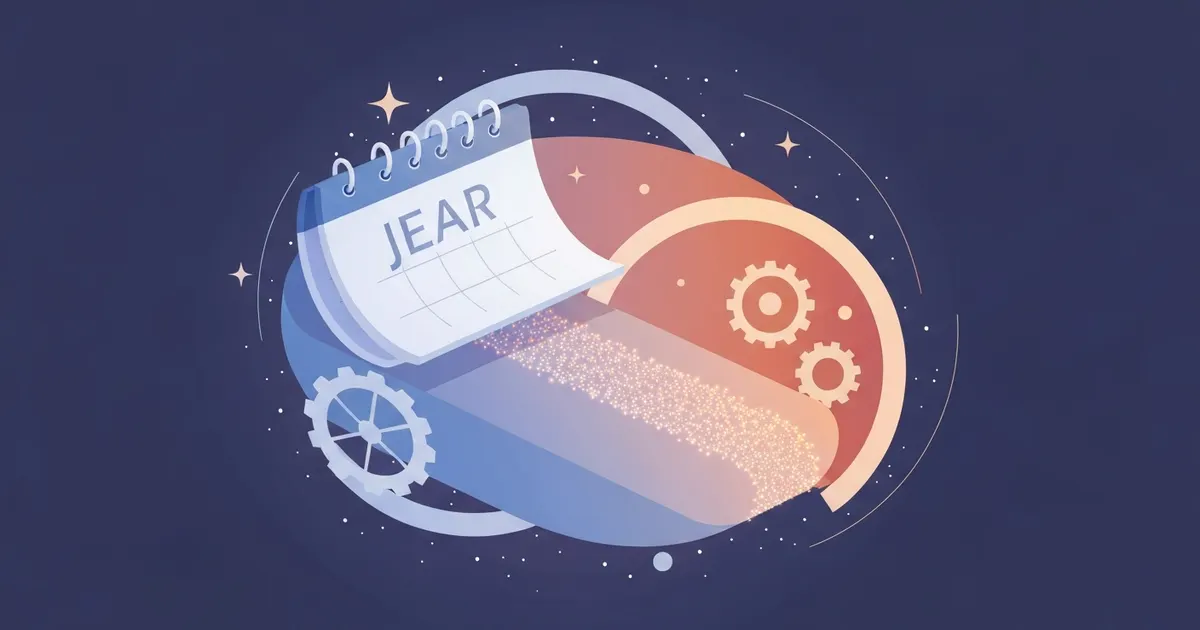 Illustration of a calendar year unfolding into a long ribbon of seconds
