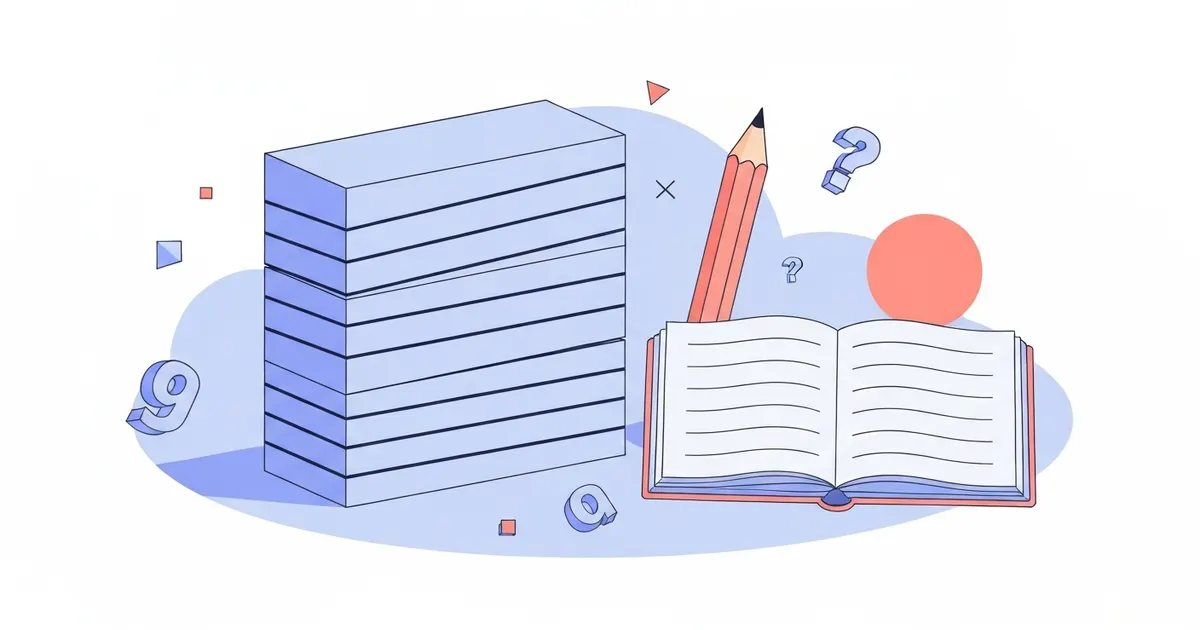 Colorful illustration of stacked paragraph blocks made of sentence lines on a desk
