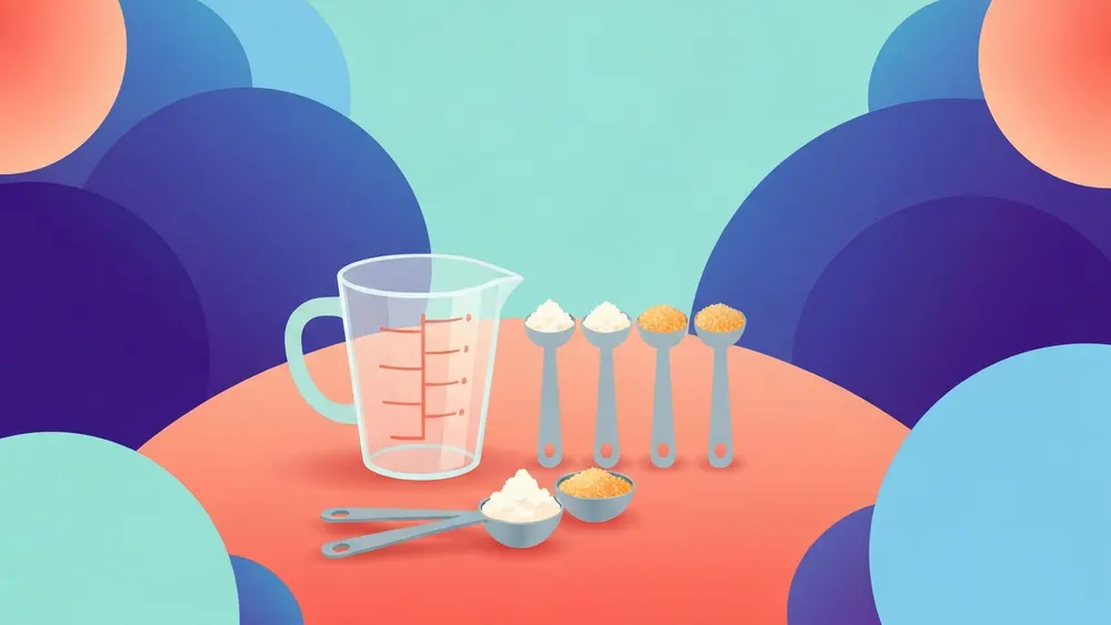 A measuring cup next to a row of tablespoons filled with flour and sugar