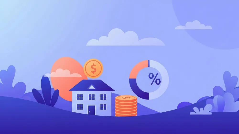 Conceptual illustration of rental income flowing into a building with a percentage gauge showing return