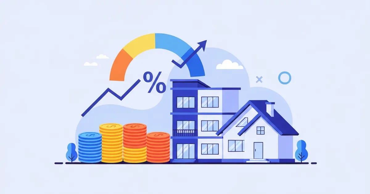 Illustration of an apartment building, rental income coins, and a percentage gauge representing real estate cap rate