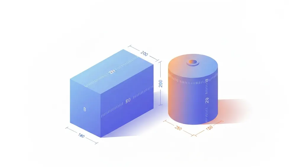 A rectangular box and a cylinder shown side by side with their volume measurements labeled by color