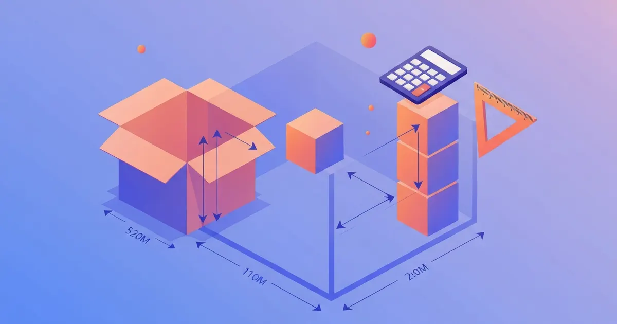Colorful illustration of a box and room measured in three dimensions to show cubic feet