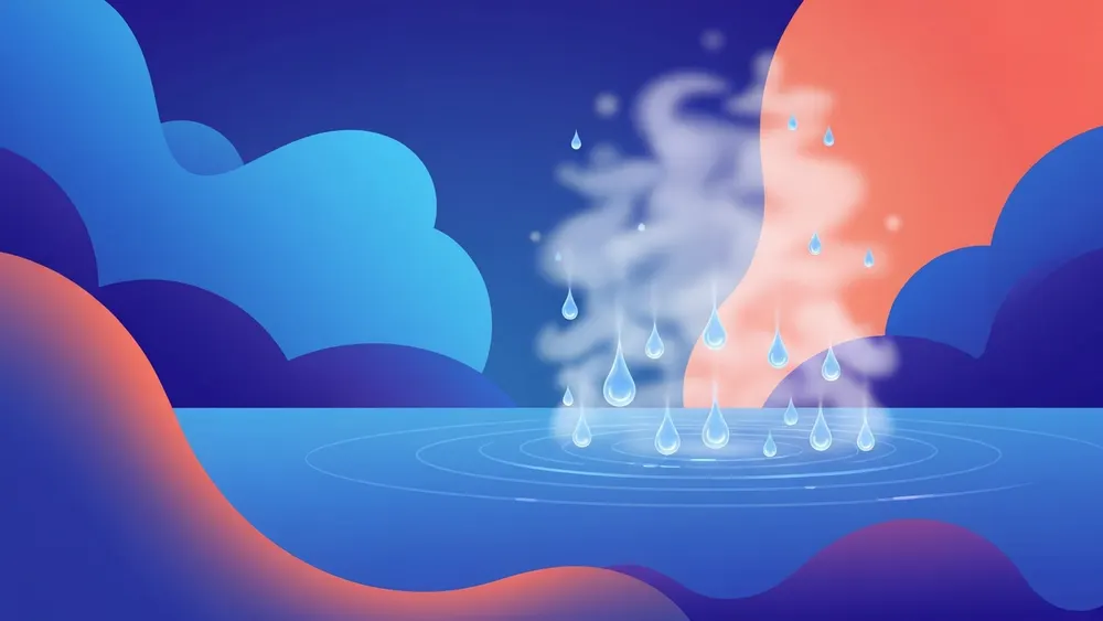 Conceptual illustration of warm air cooling until water droplets condense on a cold surface