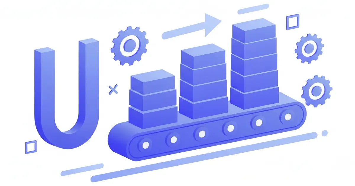 Illustration of a production line with rising cost curves and stacked output units