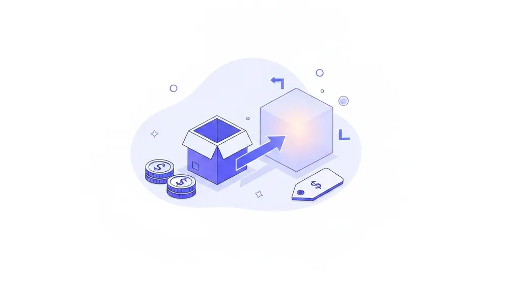 Conceptual illustration of a product cost growing into a higher selling price with an arrow