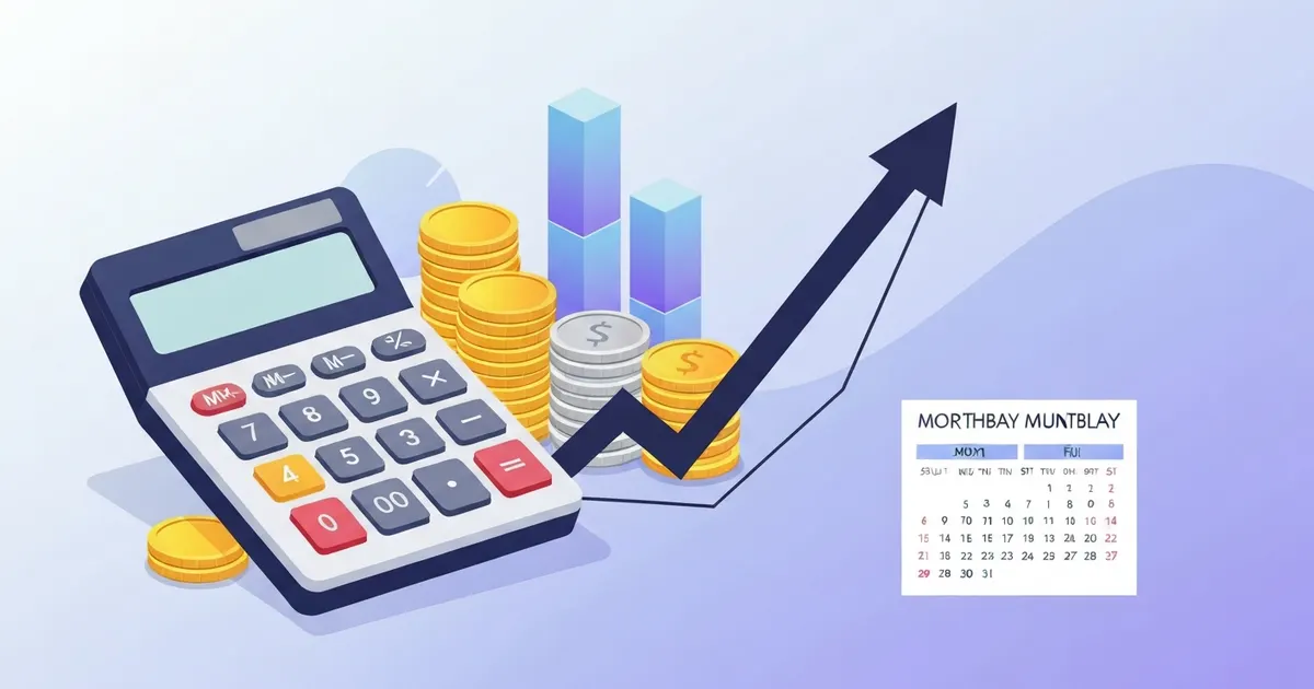 Illustration of a calculator, coins, and a calendar representing monthly income calculation