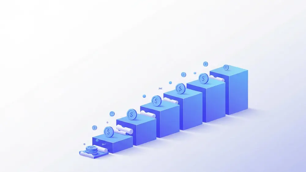 A descending staircase of colored blocks representing revenue stepping down through expenses to net income