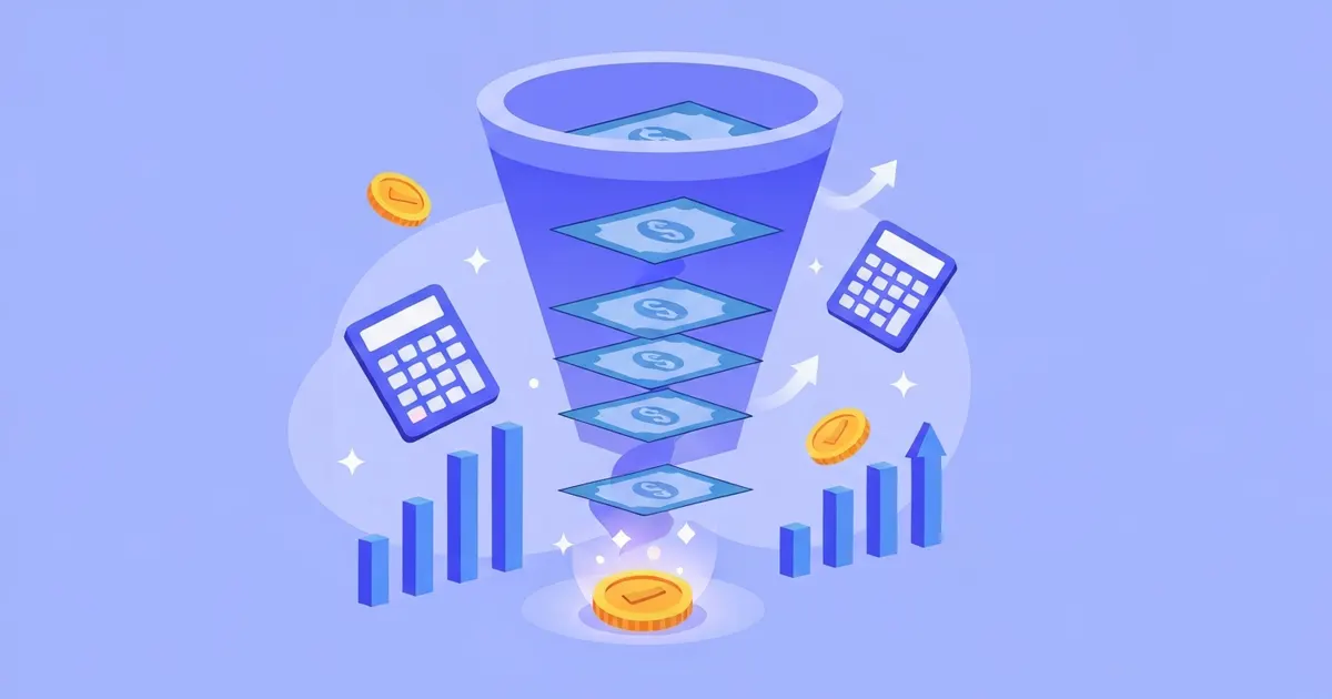 Illustration of a stylized income statement funneling revenue down to a highlighted net income bottom line