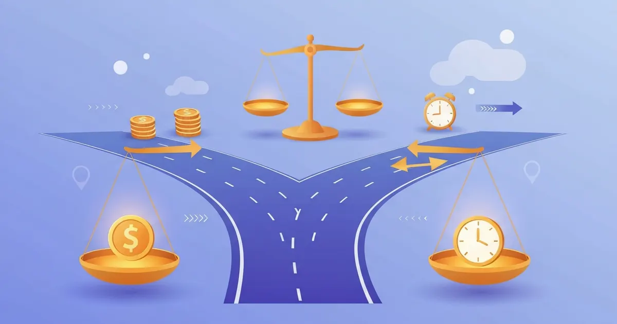 Colorful illustration of a fork in the road with two paths representing a choice and its opportunity cost