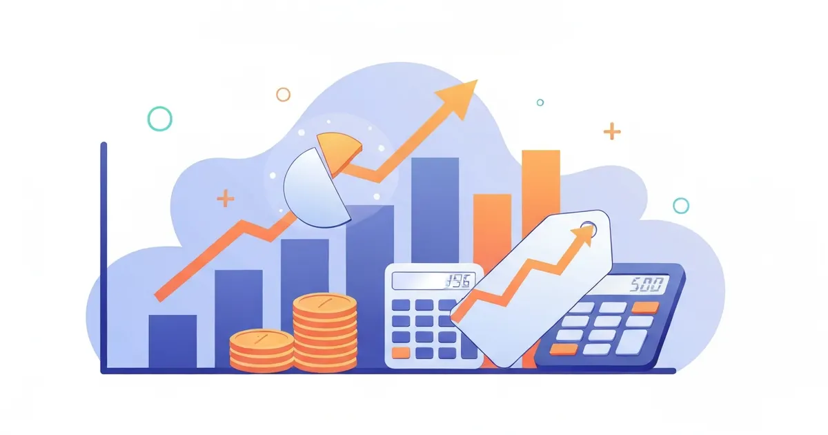 Colorful illustration of a rising bar chart, coins and a calculator showing a profit margin percentage