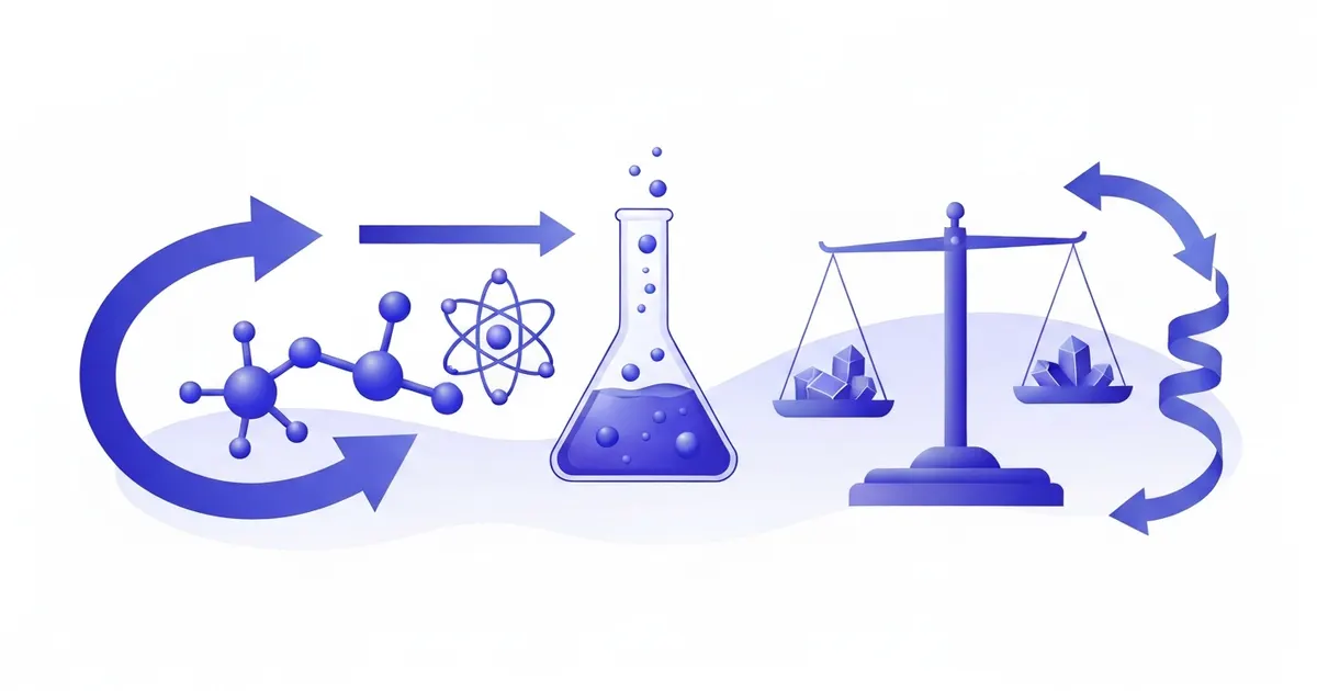 Illustration of a balanced chemical equation flowing through flasks into a maximum product amount