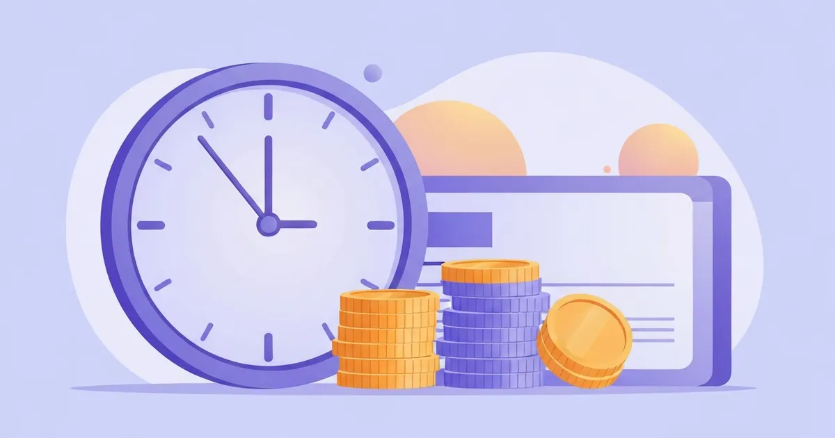 Illustration of a clock and stacked coins showing overtime pay at one and a half times the normal rate