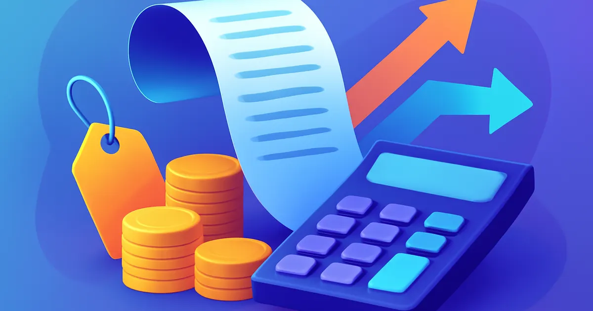 Colorful illustration of a receipt, coins and a calculator showing value added tax being added and removed from a price