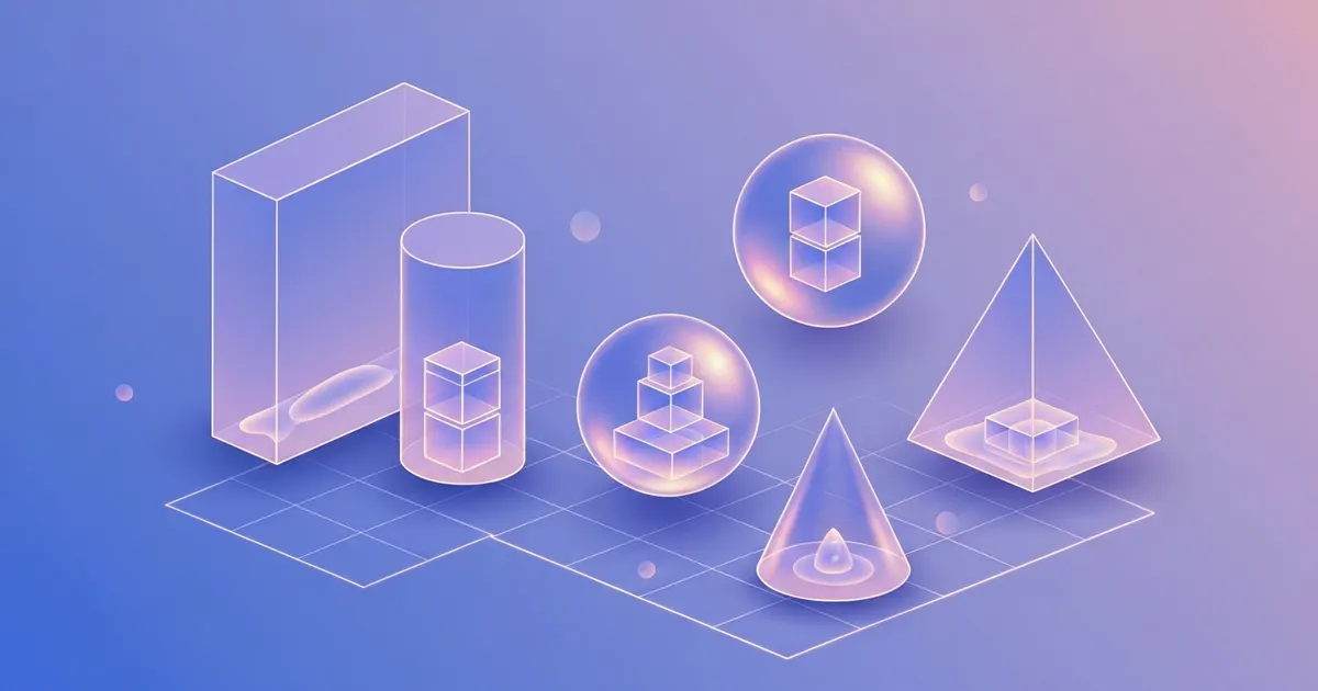 Colorful illustration of a box, cylinder and sphere floating above a grid to show how volume is measured