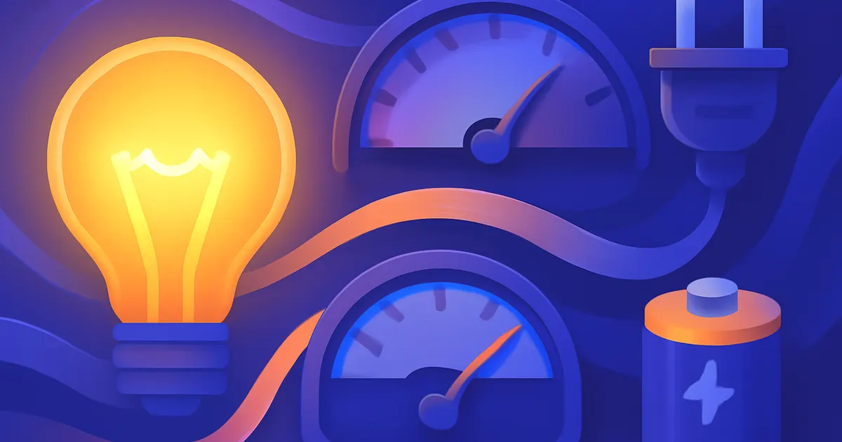 Colorful flat illustration of a glowing lightbulb, voltage and current meters, and a power plug showing how wattage is calculated