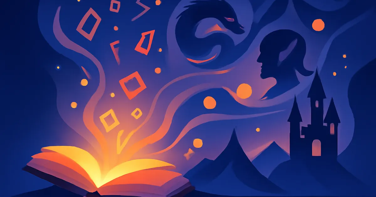 Illustration of a glowing open spellbook releasing floating runes, a dragon, an elf, and a castle representing invented fantasy names