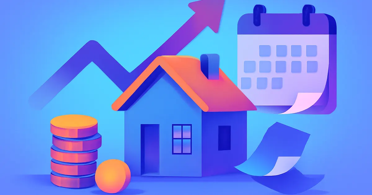 Illustration of a house with a downward arrow showing a shrinking mortgage balance and rising savings