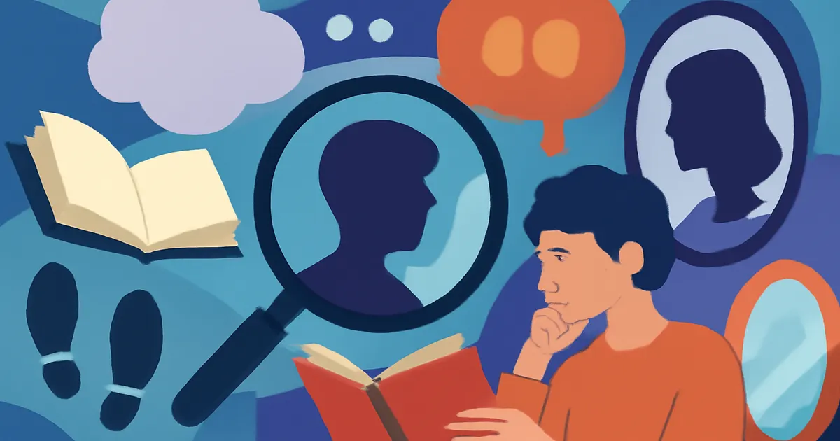 Illustration of a reader interpreting clues about a character from speech, actions, and appearance