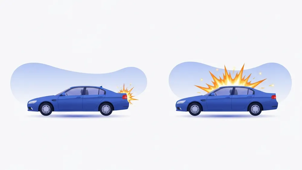 A car shown at two speeds with the faster one carrying a much larger energy burst to show energy growing with the square of speed