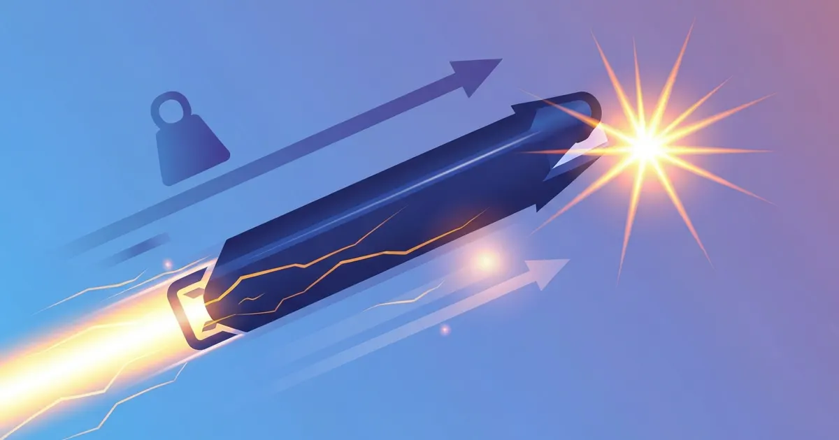 The kinetic energy formula illustrated with a fast-moving object, a mass symbol, and a velocity arrow