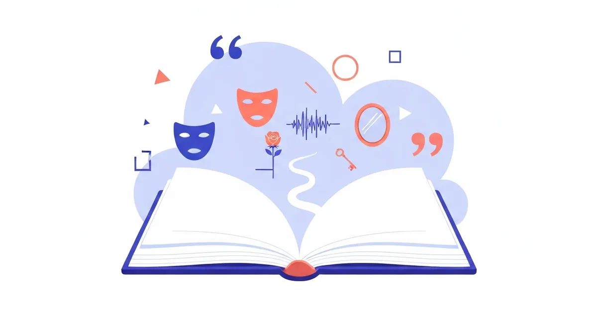 Colorful illustration of literary devices like metaphor, symbolism, and irony as floating book and language shapes